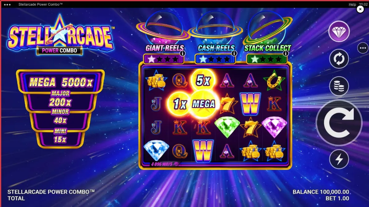 Interface do slot Stellarcade Power Combo com elementos neon e espaciais