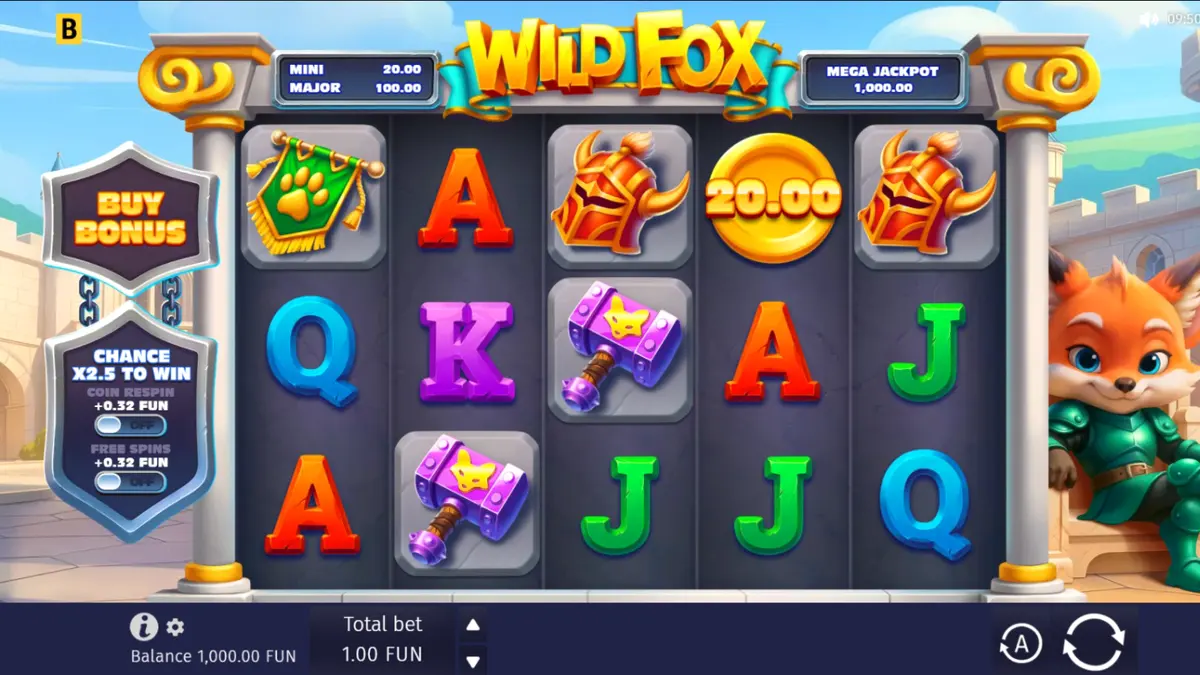 Visual vibrante e colorido do slot Wild Fox com o personagem cavaleiro raposa