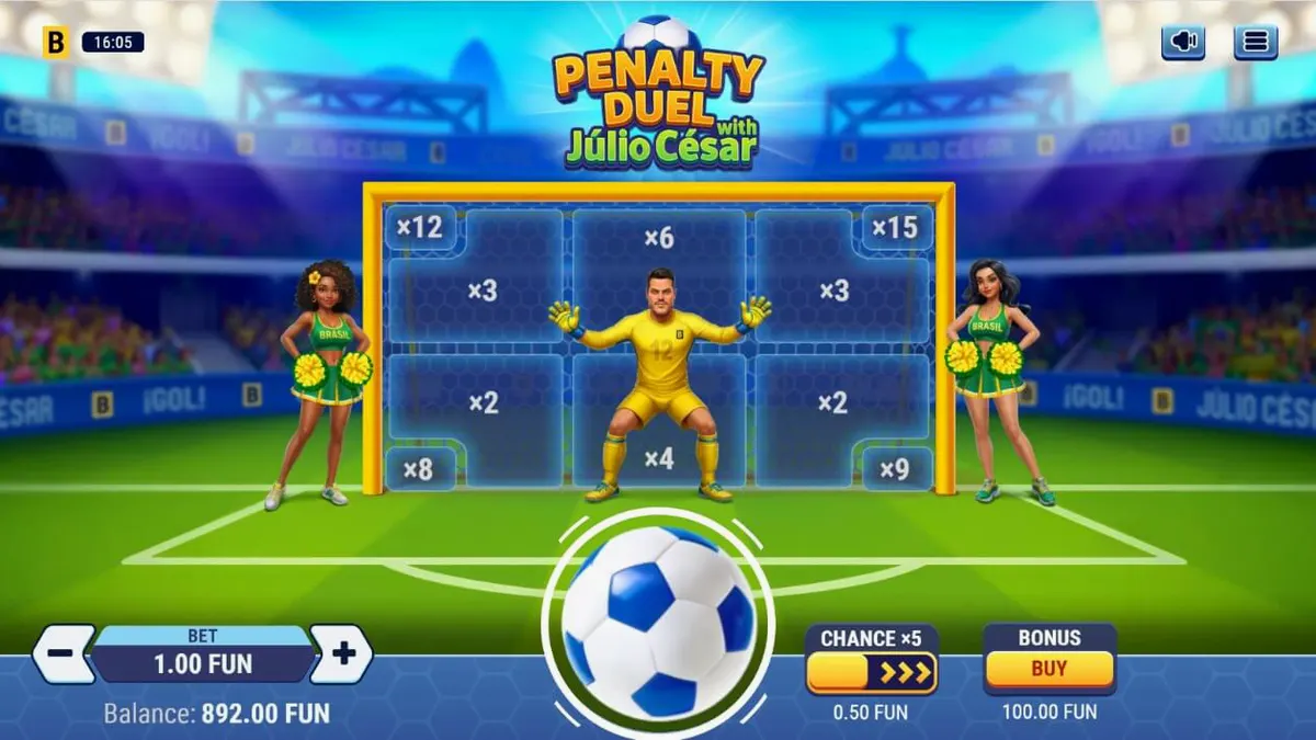 Interface do jogo Penalty Duel com Júlio César mostrando o campo de futebol e o goleiro